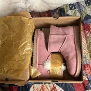 Pink Suede Boots with Pom Pom